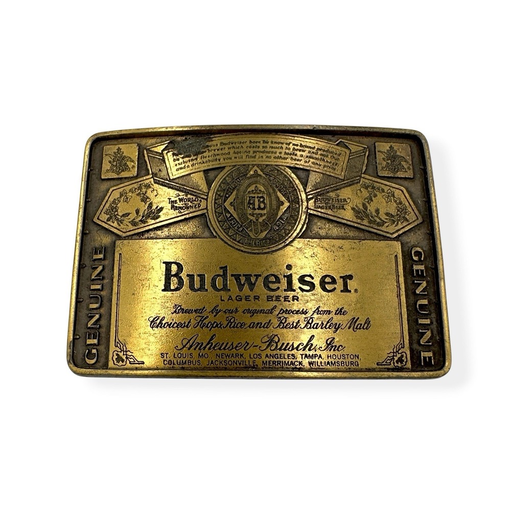 Vintage Budweiser Beer Label Belt Buckle Solid Brass 70s 80s Anheuser Busch